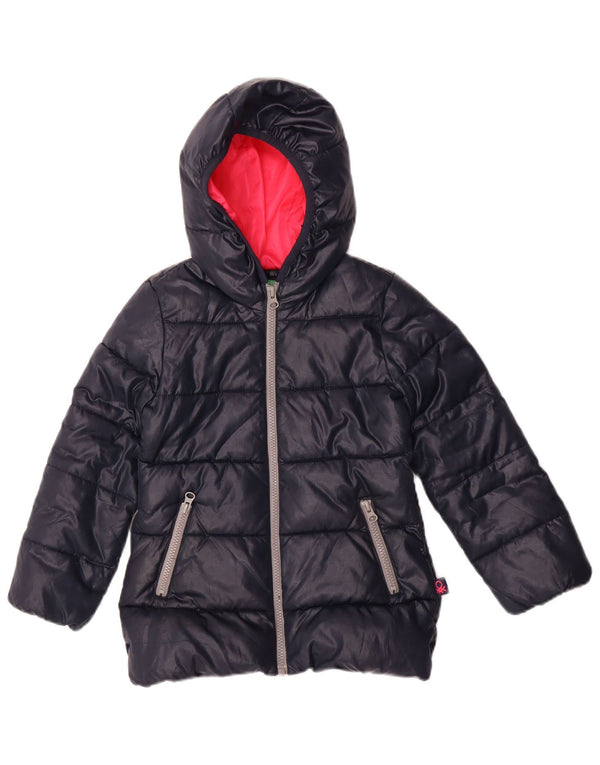 BENETTON Girls Hooded Padded Jacket 4-5 Years XS Navy Blue Polyester