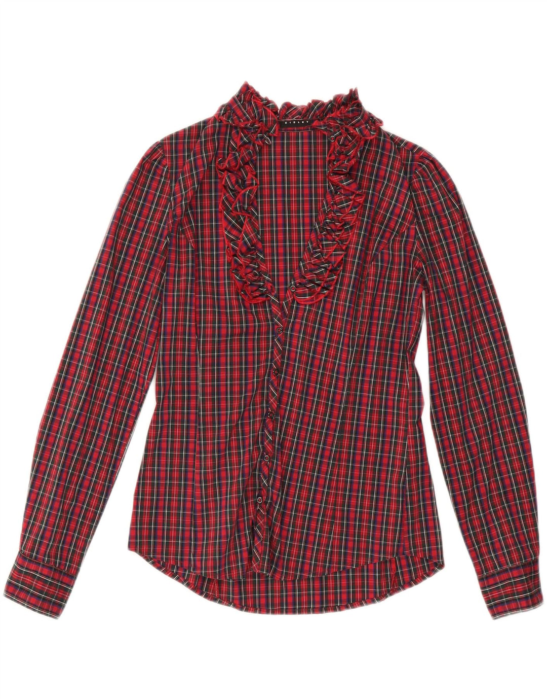 SISLEY Womens Ruffle Front Shirt Blouse UK 10 Small Red Check Cotton
