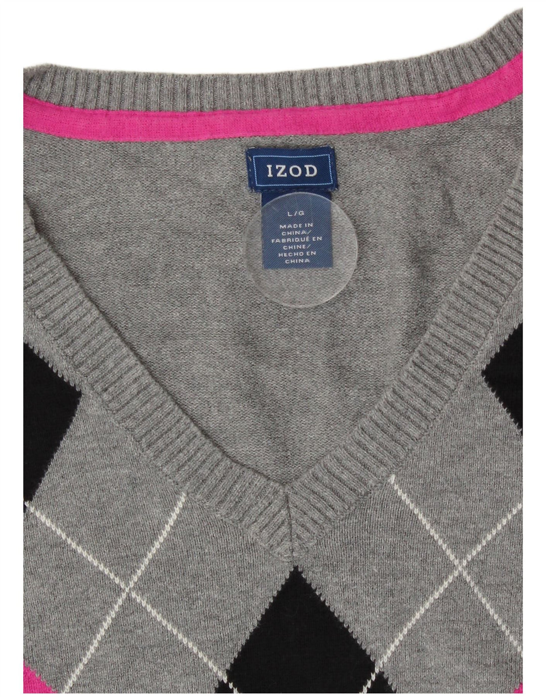 Izod Womens V-Neck Jumper Sweater UK 14 Large Grey Argyle/Diamond