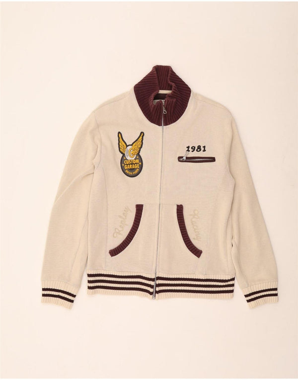 Replay Mens Graphic Cardigan Sweater Large Off White Colourblock Cotton