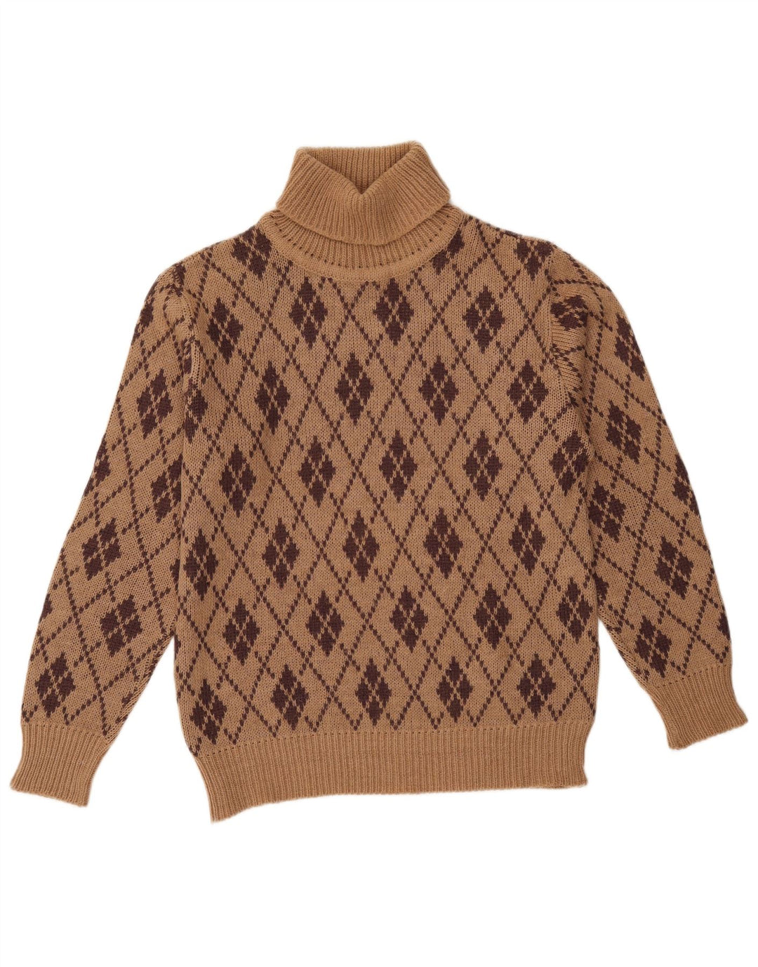 VINTAGE Womens Roll Neck Jumper Sweater UK 18 XL Brown Argyle/Diamond