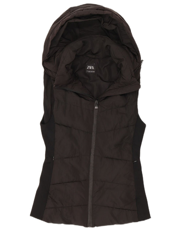 Zara Womens Hooded Padded Gilet UK 10 Small Black Polyester