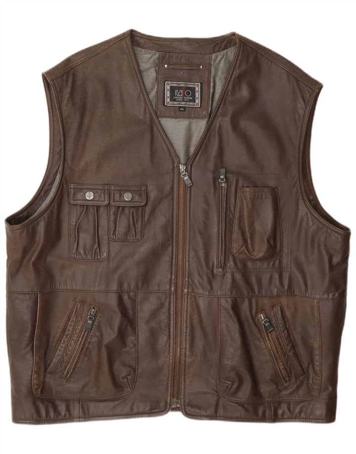 Itallo Mens Leather Utility Gilet IT 60 4XL Brown