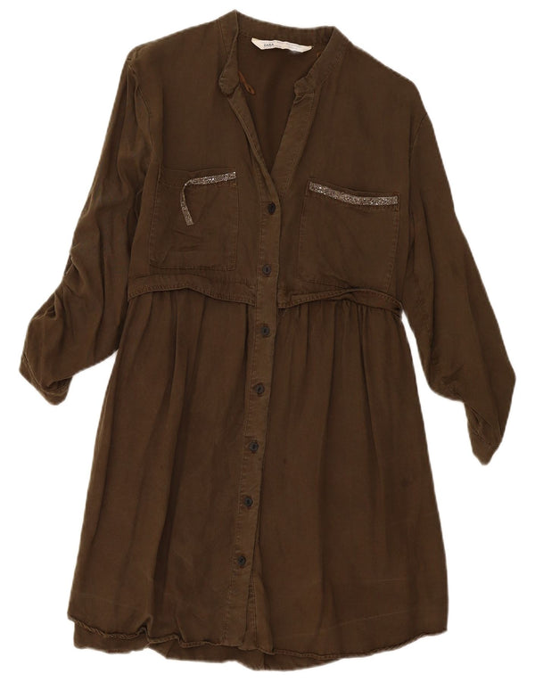 Zara Womens 3/4 Sleeve Shirt Dress UK 10 Small Khaki Lyocell