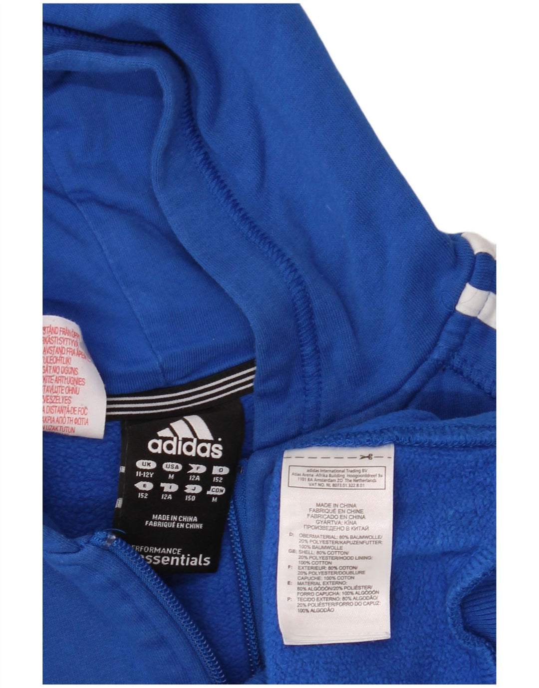 ADIDAS Boys Zip Hoodie Sweater 11-12 Years Blue Cotton