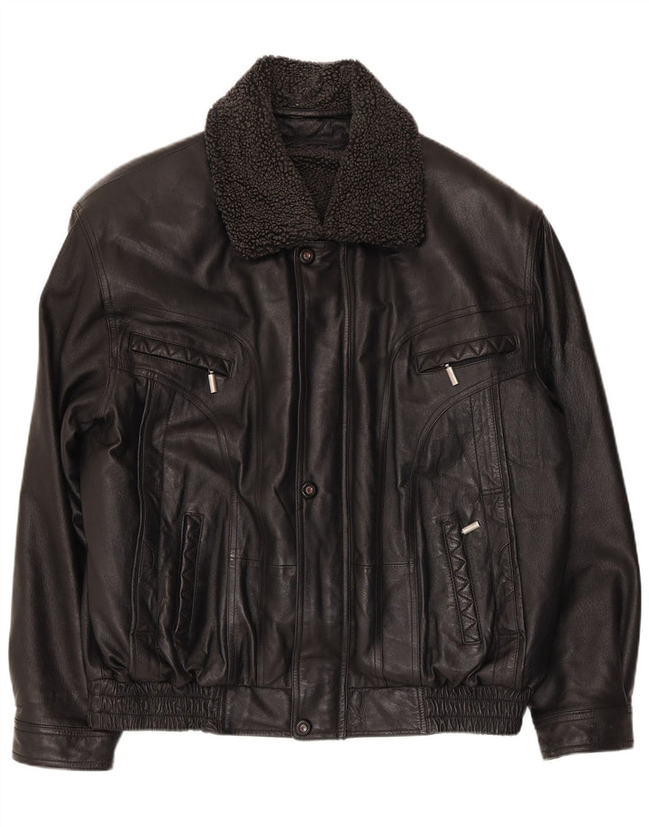 Vintage Mens Faux Leather Bomber Jacket UK 40 Large Black Polyester
