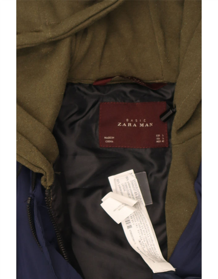 Zara Mens Hooded Bomber Jacket UK 40 Large Navy Blue Colourblock Polyester