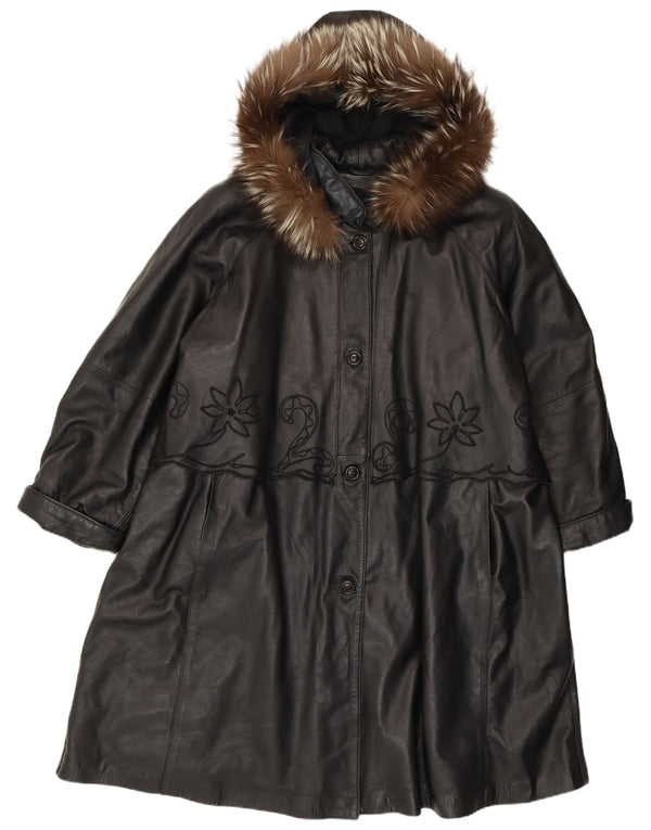 VINTAGE Womens Oversized Hooded Coat IT 44 Medium Black Floral Leather