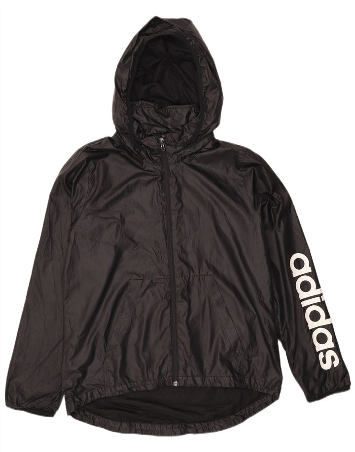 ADIDAS Womens Graphic Hooded Rain Jacket UK 12/14 Medium Black Polyester