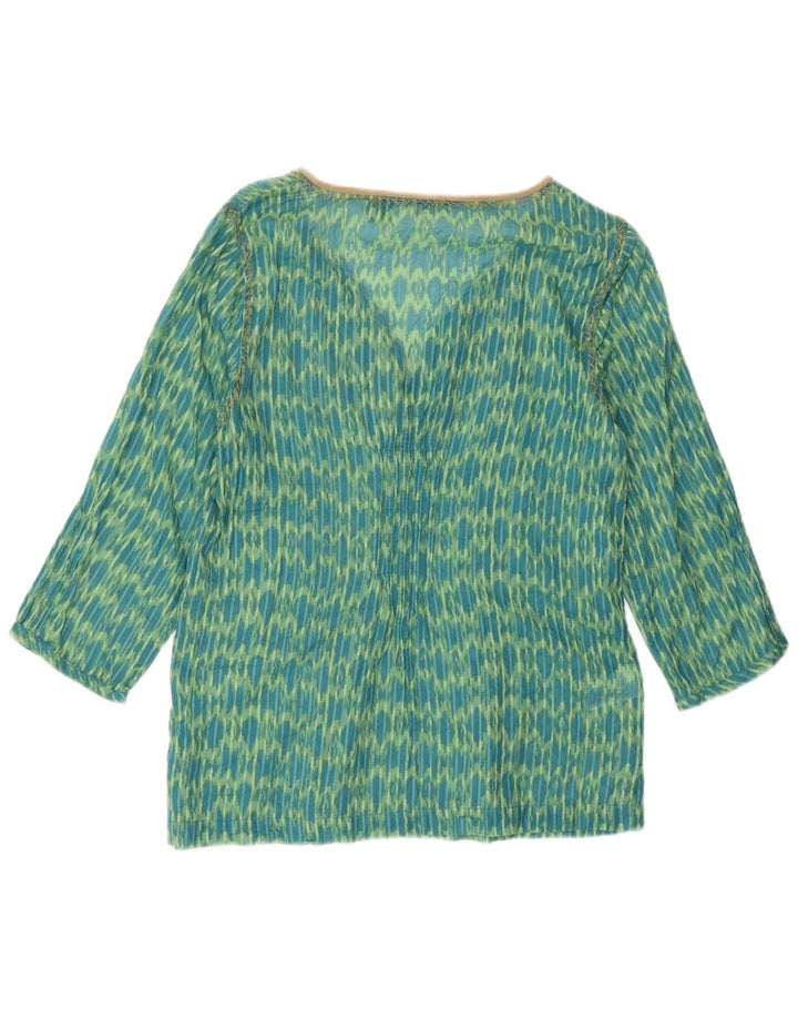 Eddie Bauer Womens 3/4 Sleeve Loose Fit Tunic Top UK 6 XS Green Ikat Cotton