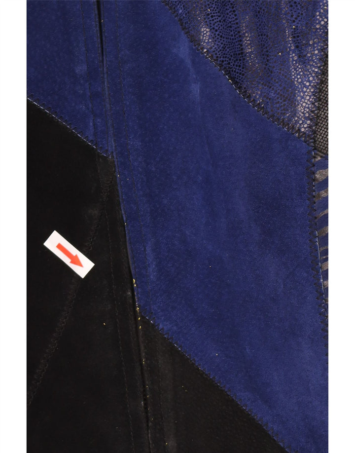 Vintage Womens Suede Overcoat UK 12 Medium Blue Colourblock Leather