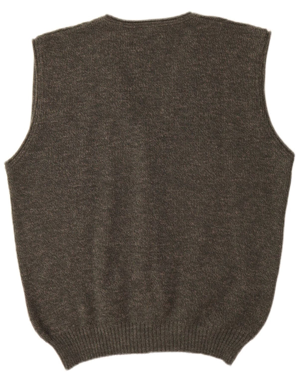 Vintage Mens Sleeveless Cardigan Sweater Medium Khaki Geometric Acrylic