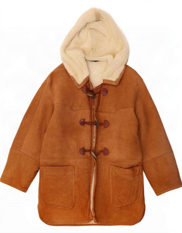 Vintage Womens Hooded Duffle Shearling Coat IT 44 Medium Brown