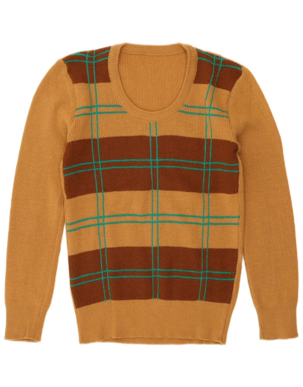 Vintage Womens Crew Neck Jumper Sweater UK 12 Medium Brown Geometric
