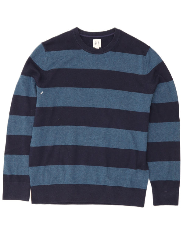 Gap Mens Crew Neck Jumper Sweater Medium Navy Blue Striped Cotton