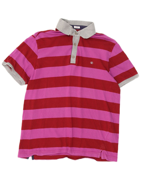 Champion Mens Heritage Fit Rugby Polo Shirt Large Pink Striped Cotton