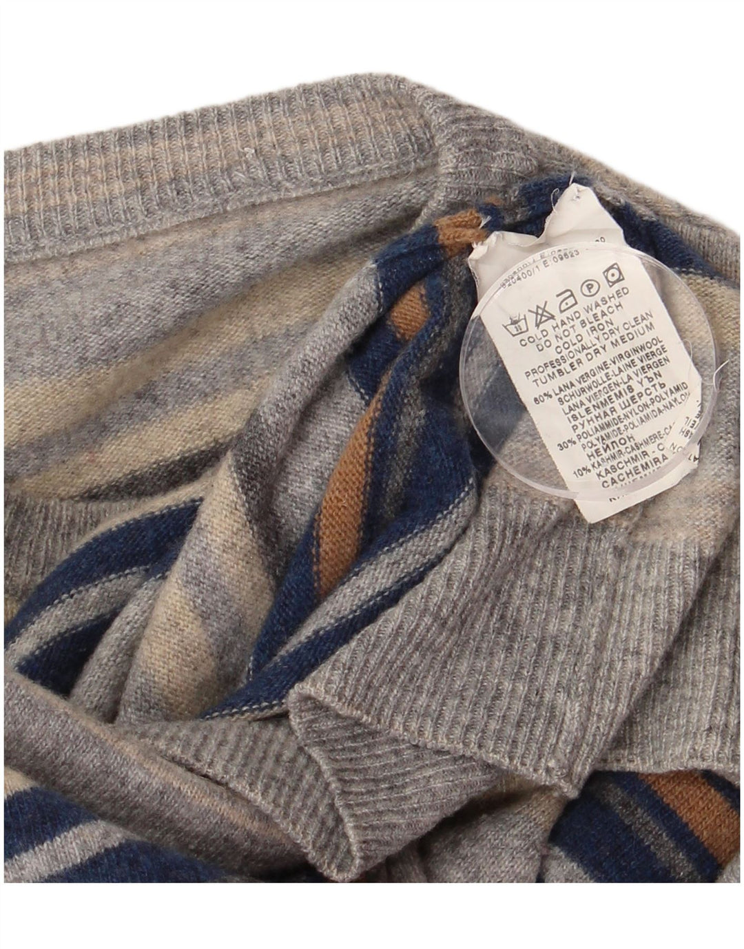 Vintage Mens Crew Neck Jumper Sweater Small Grey Striped Virgin Wool