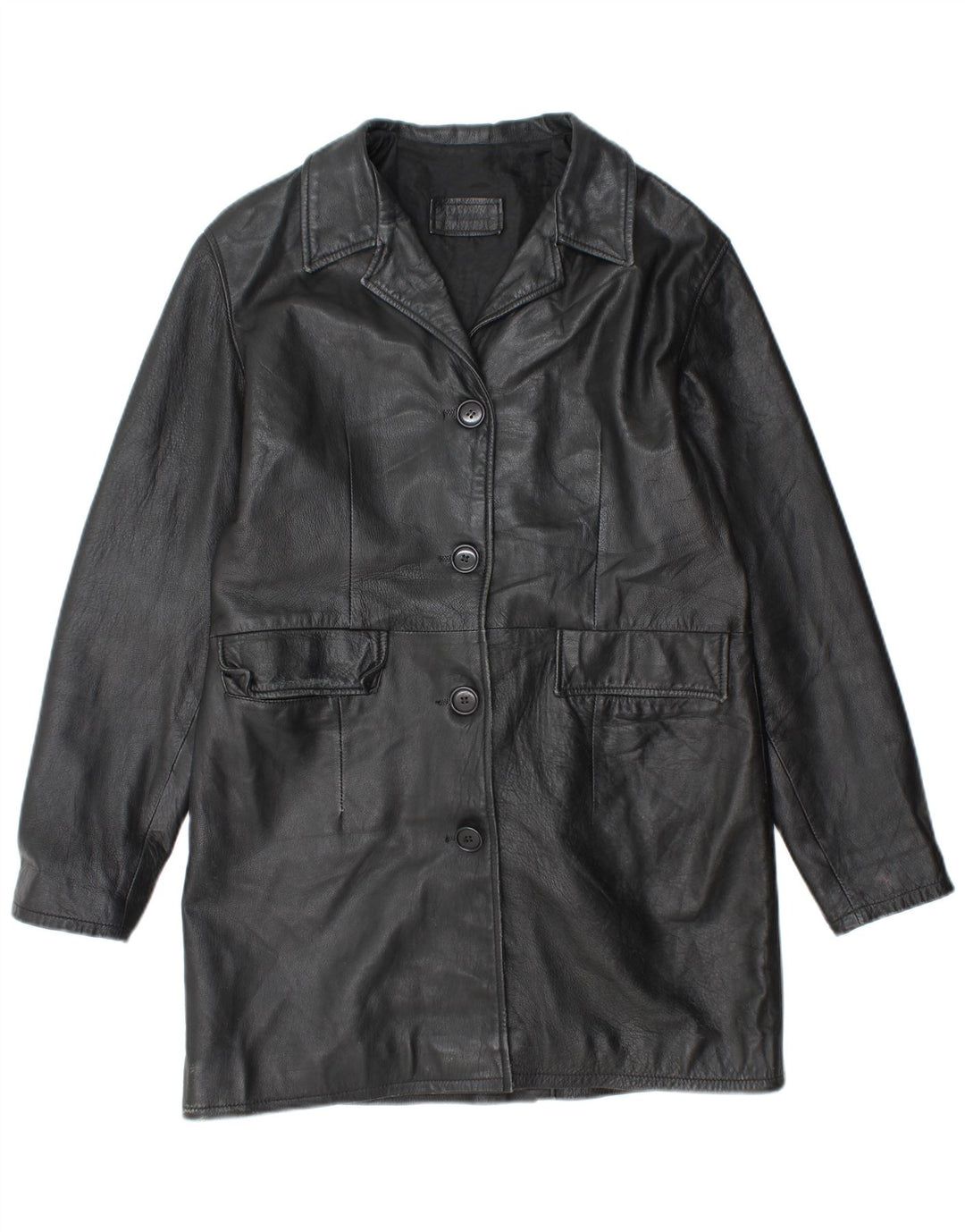 VINTAGE Womens Leather Coat UK 18 XL Black Leather