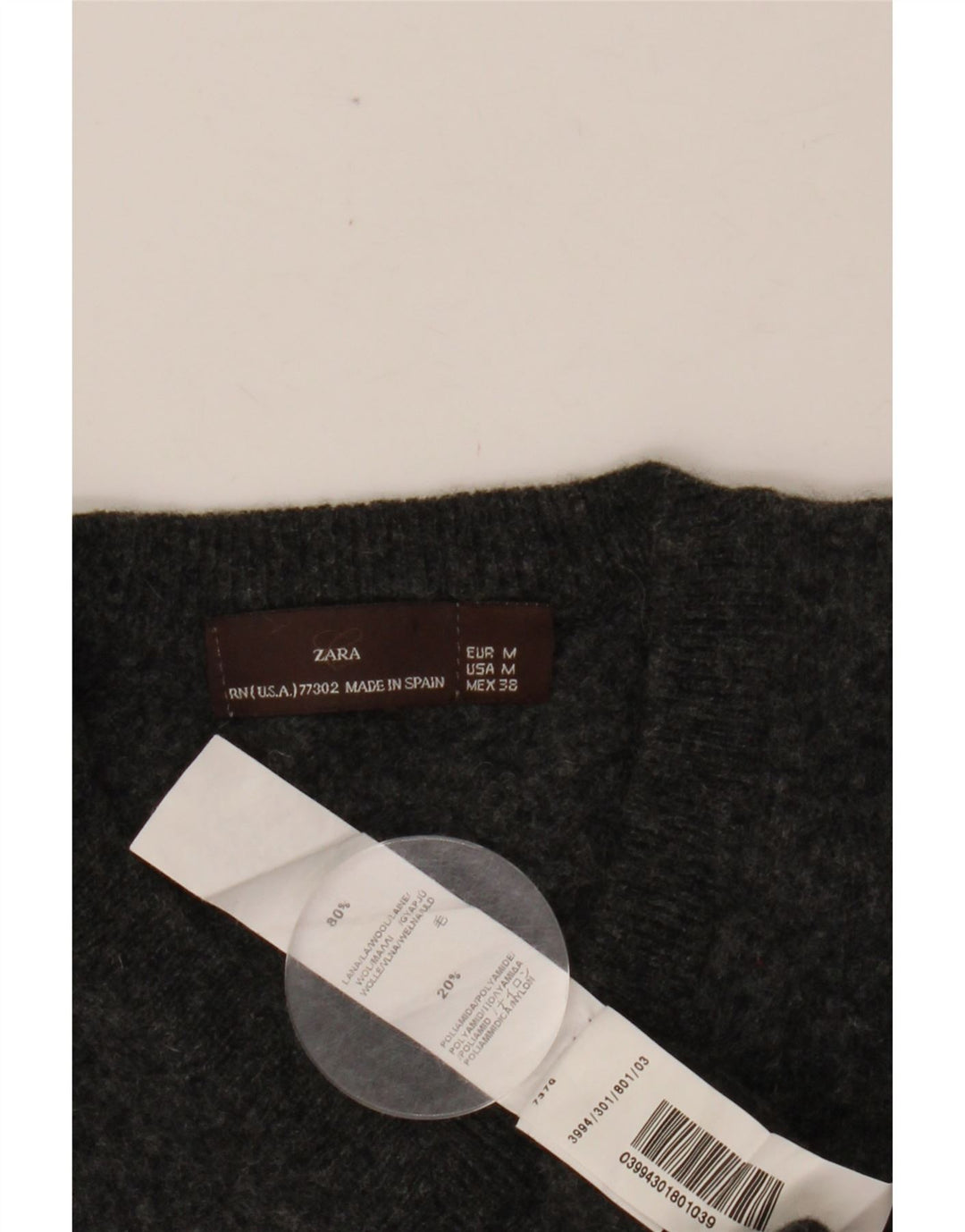 ZARA Mens V-Neck Jumper Sweater Medium Grey Wool
