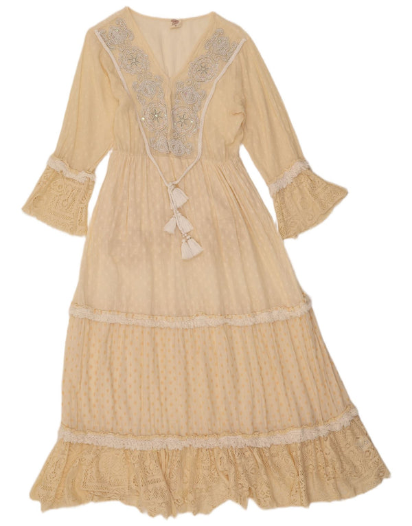 Vintage Womens Long Sleeve Maxi Dress UK 12 Medium Yellow Paisley Cotton