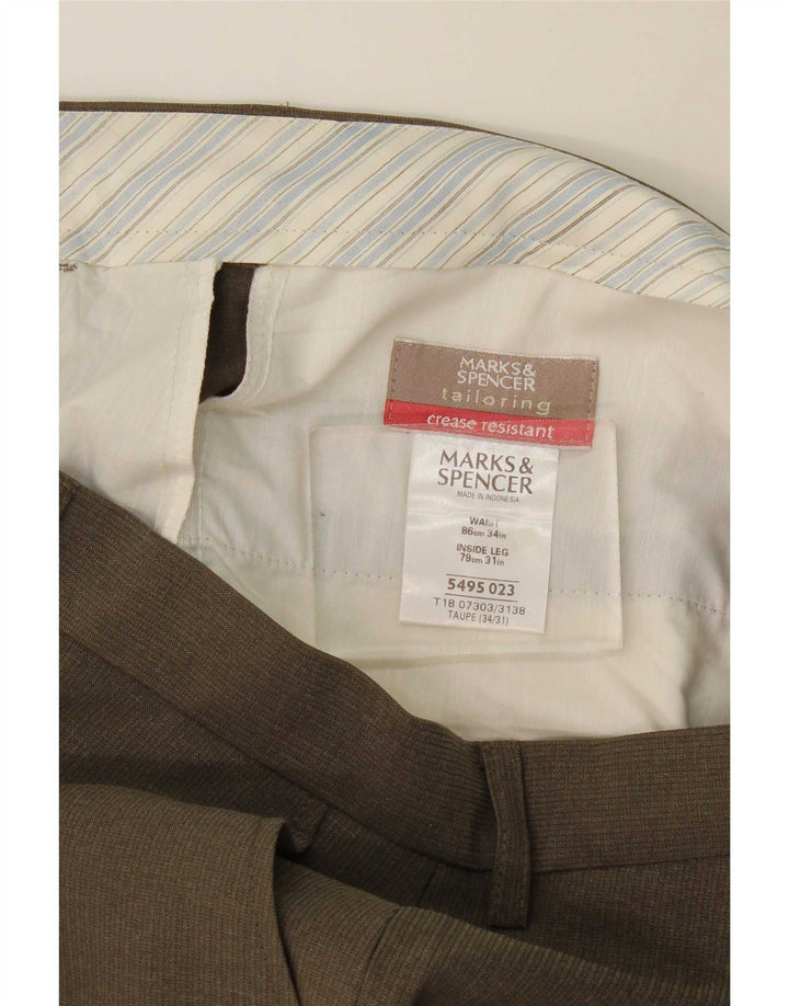 Marks & Spencer Mens Straight Suit Trousers W34 L31 Khaki Polyester