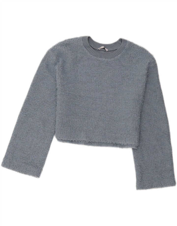 Zara Womens Crop Crew Neck Jumper Sweater UK 14 Medium Blue Polyester