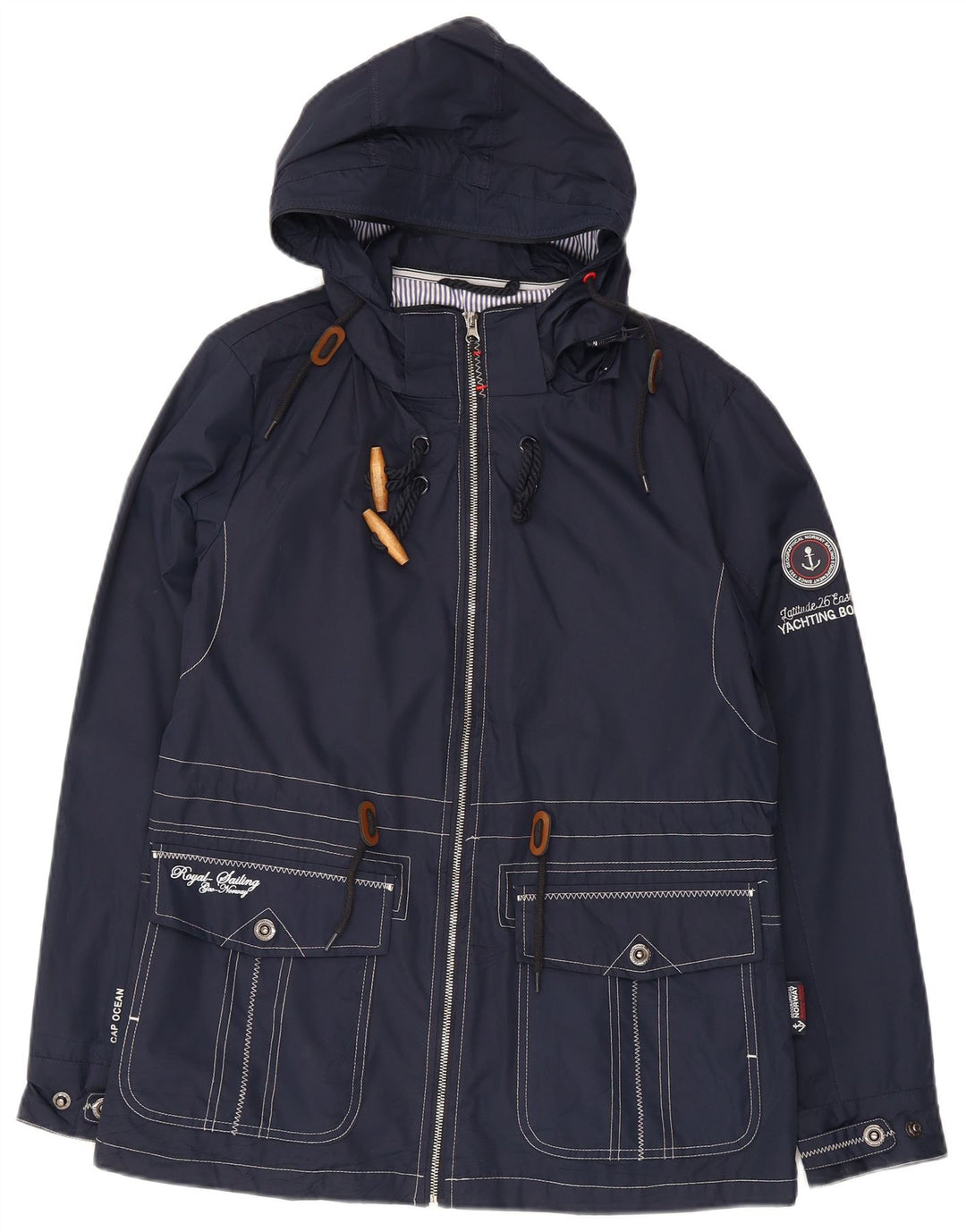 Vintage Womens Graphic Hooded Rain Jacket UK 12 Medium Navy Blue Polyester