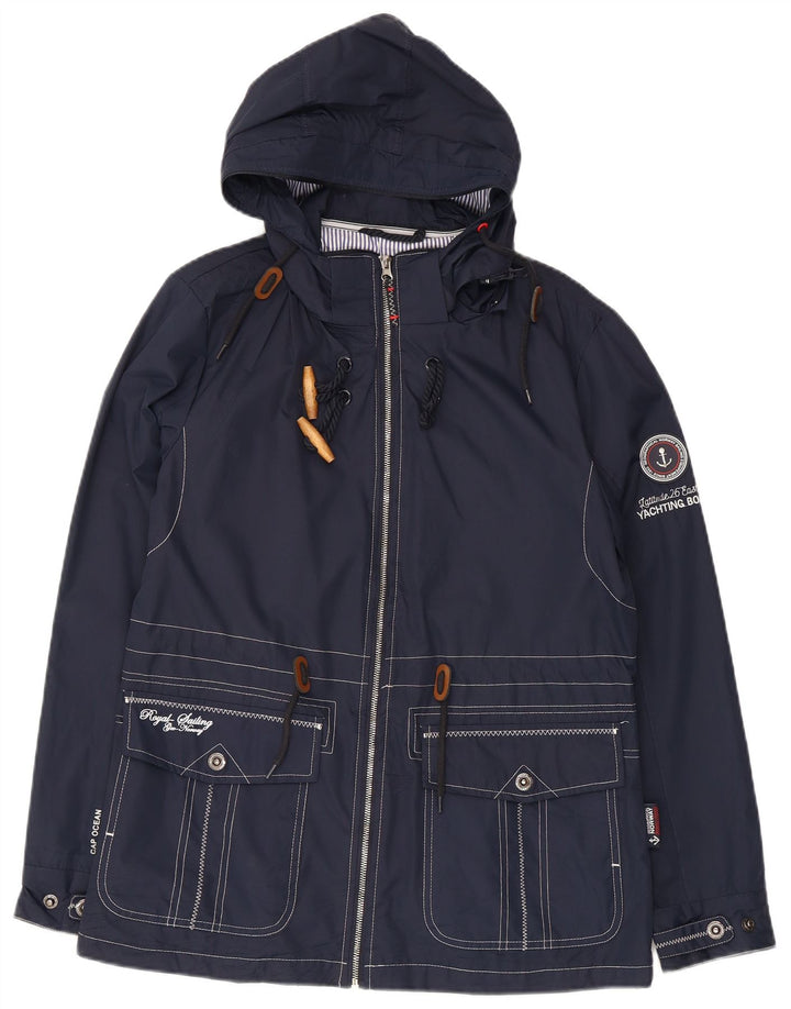 Vintage Womens Graphic Hooded Rain Jacket UK 12 Medium Navy Blue Polyester