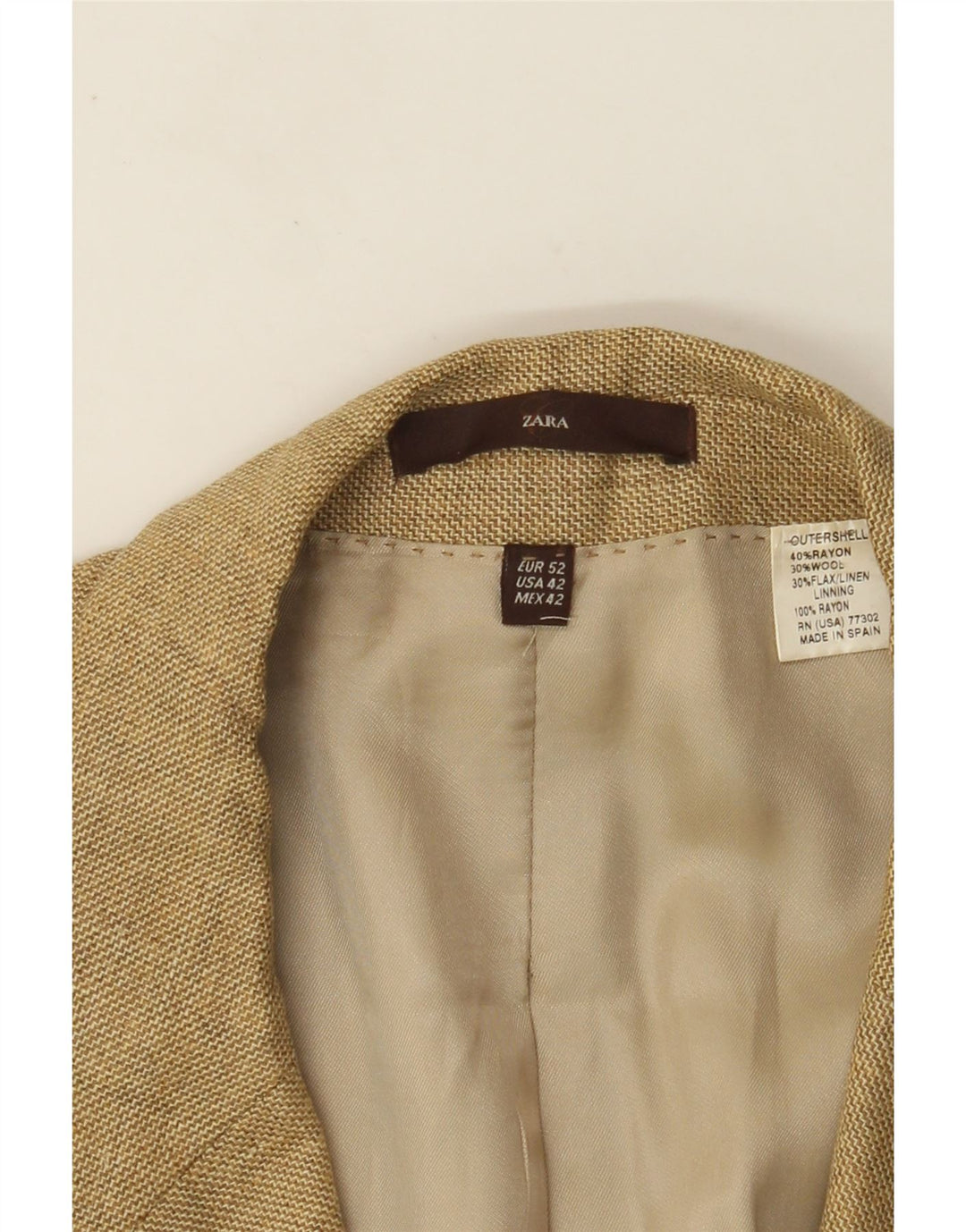 ZARA Mens 3 Button Blazer Jacket EU 52 Large Beige Rayon