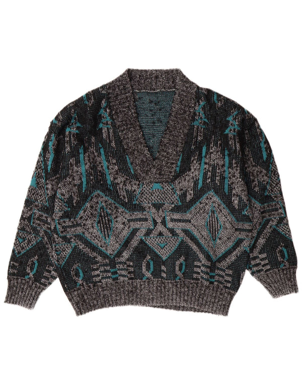 VINTAGE Mens V-Neck Jumper Sweater Large Grey Geometric