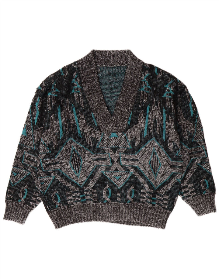 VINTAGE Mens V-Neck Jumper Sweater Large Grey Geometric
