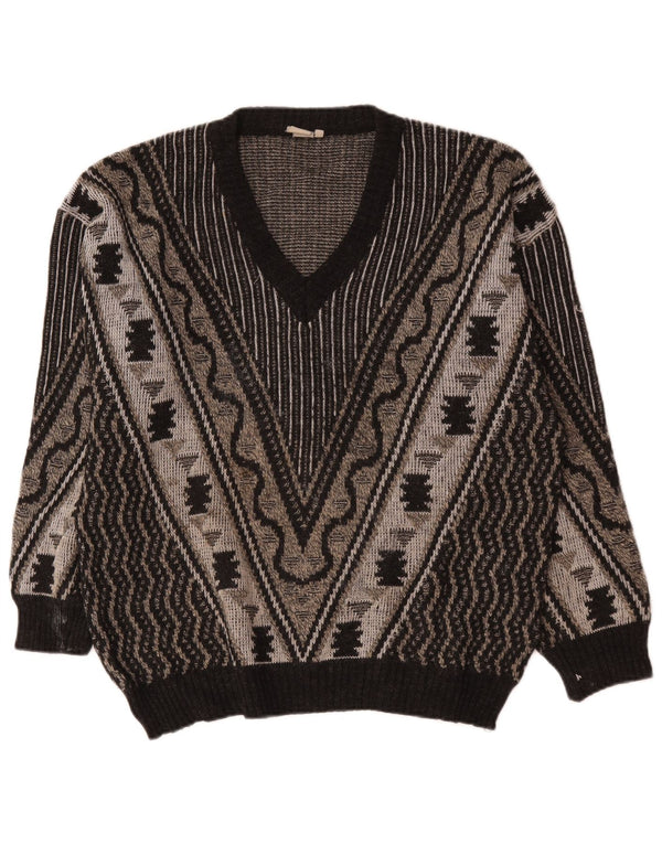 Vintage Mens V-Neck Jumper Sweater Large Grey Geometric