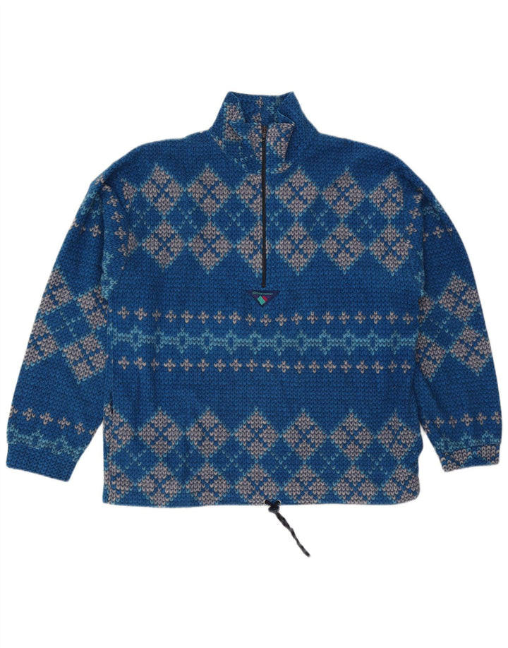 Vintage Mens Zip Neck Jumper Sweater Large Blue Geometric