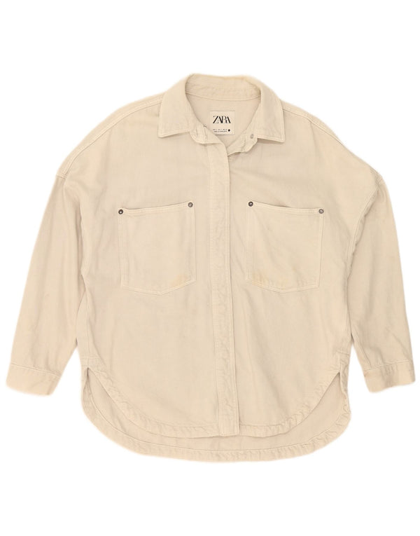 Zara Womens Oversized Denim Shirt UK 10 Small Beige Cotton
