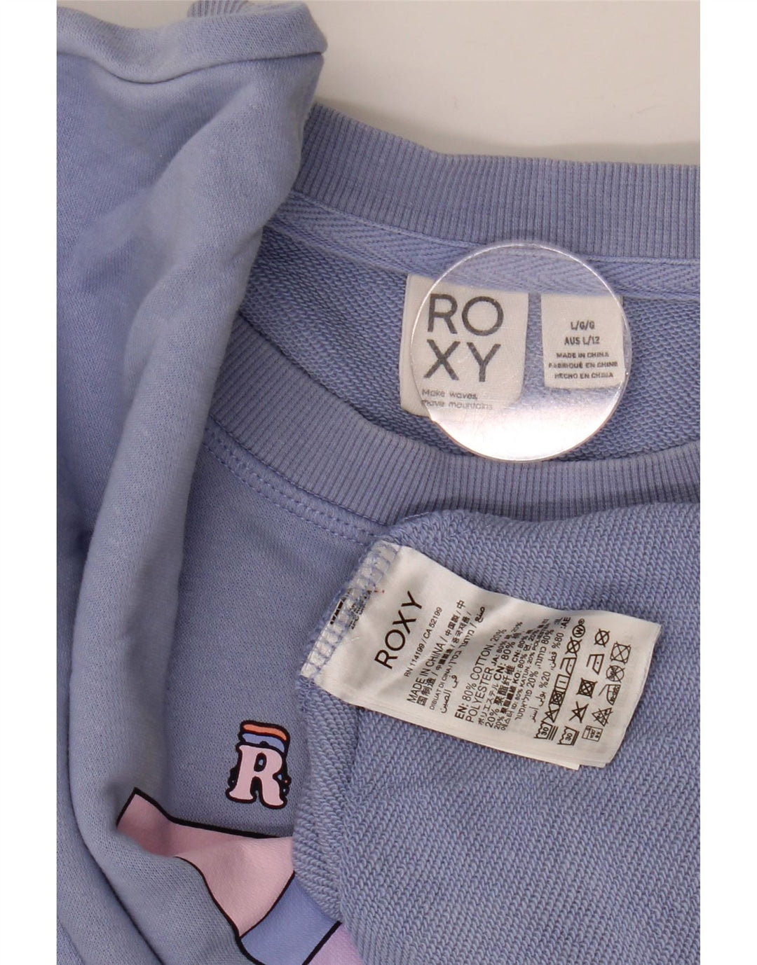 ROXY Womens Oversized Crop Graphic Sweatshirt Jumper UK 16 Large Blue