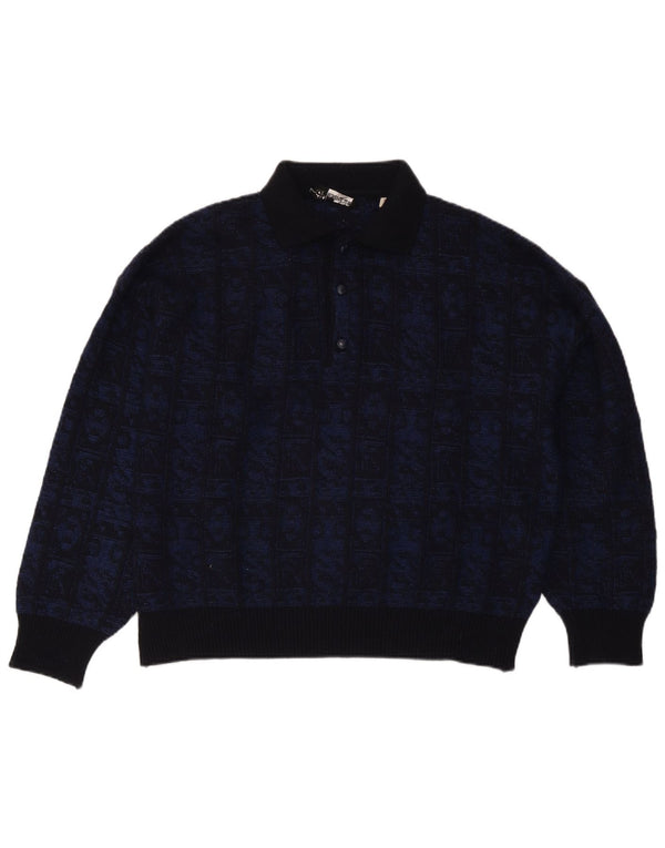 Aeffe Mens Polo Neck Jumper Sweater IT 50 Medium Navy Blue Geometric Wool