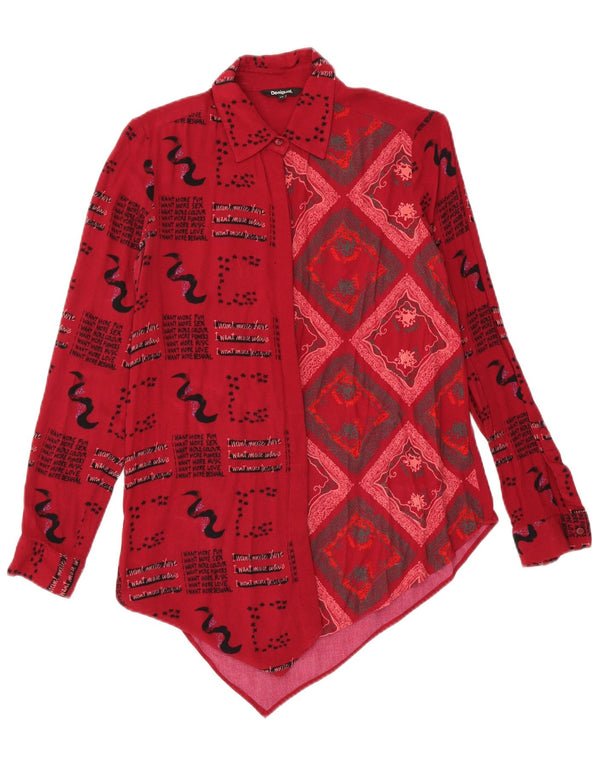 Desigual Womens Loose Fit Asymmetric Shirt UK 6 XS Red Geometric Viscose