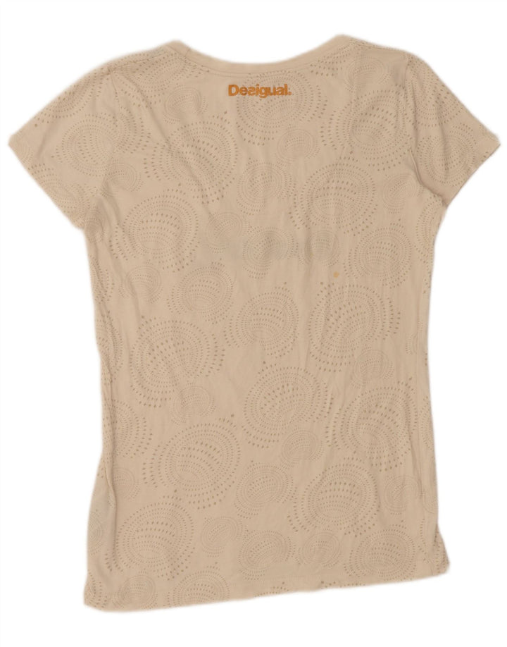 DESIGUAL Womens Graphic T-Shirt Top UK 14 Large Beige Spotted Cotton