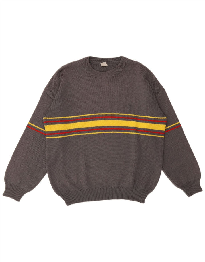 Vintage Mens Crew Neck Jumper Sweater Large Grey Striped
