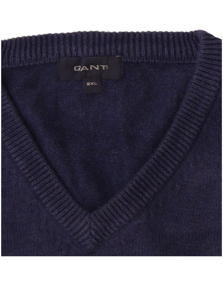 GANT Mens V-Neck Jumper Sweater 2XL Navy Blue Cotton