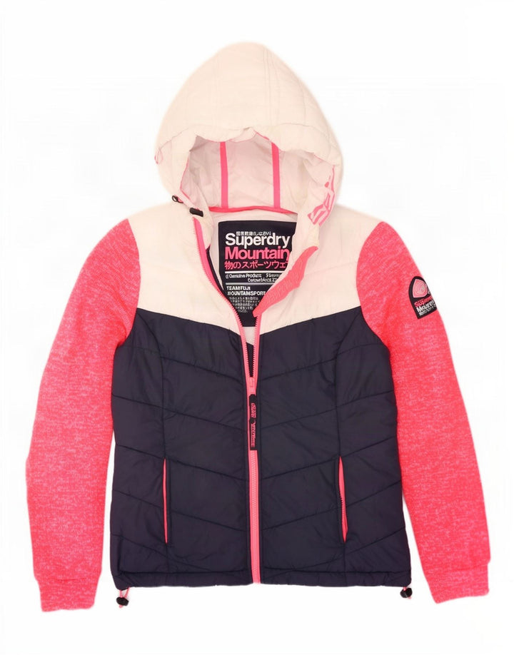 Superdry Womens Hooded Padded Jacket UK 12 Medium Navy Blue Colourblock