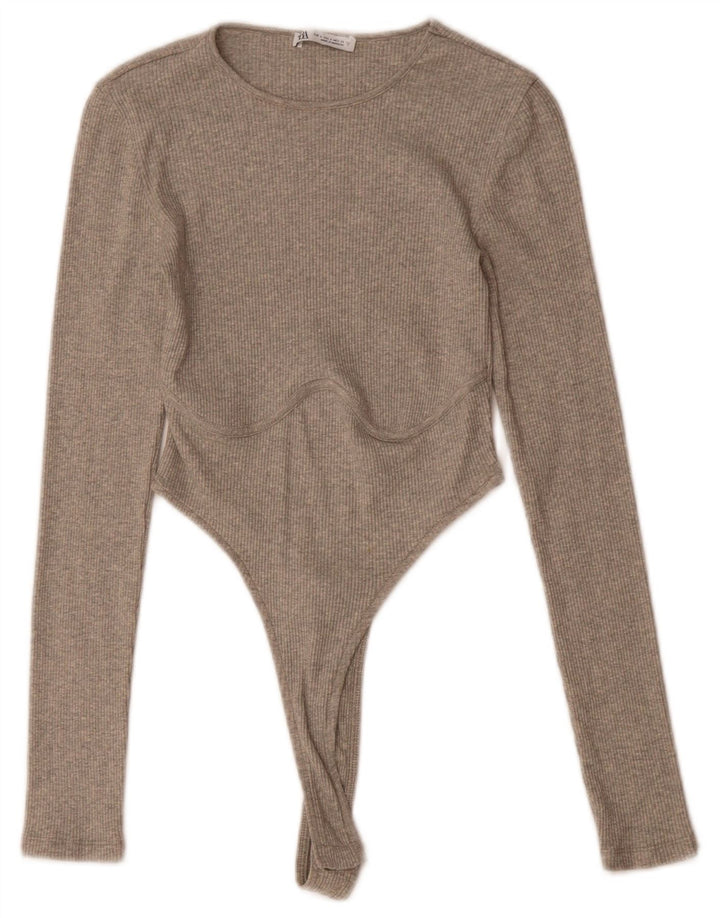 ZARA Womens Long Sleeve Bodysuit UK 8 Small Grey Cotton