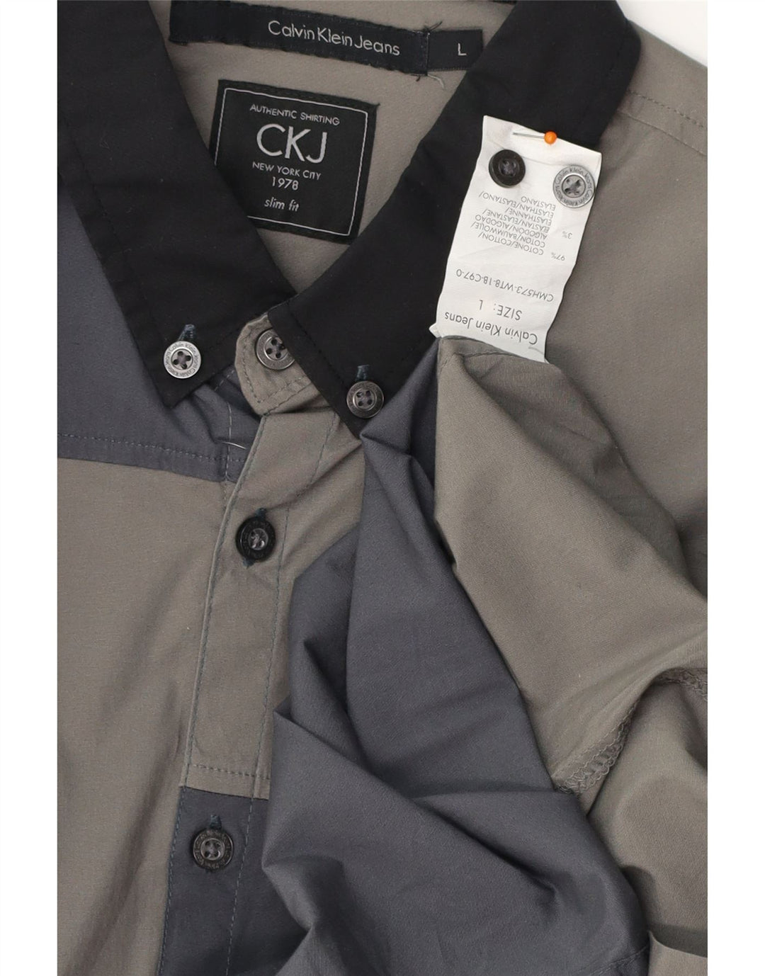 CALVIN KLEIN JEANS Mens Slim Fit Shirt Large Grey Colourblock Cotton