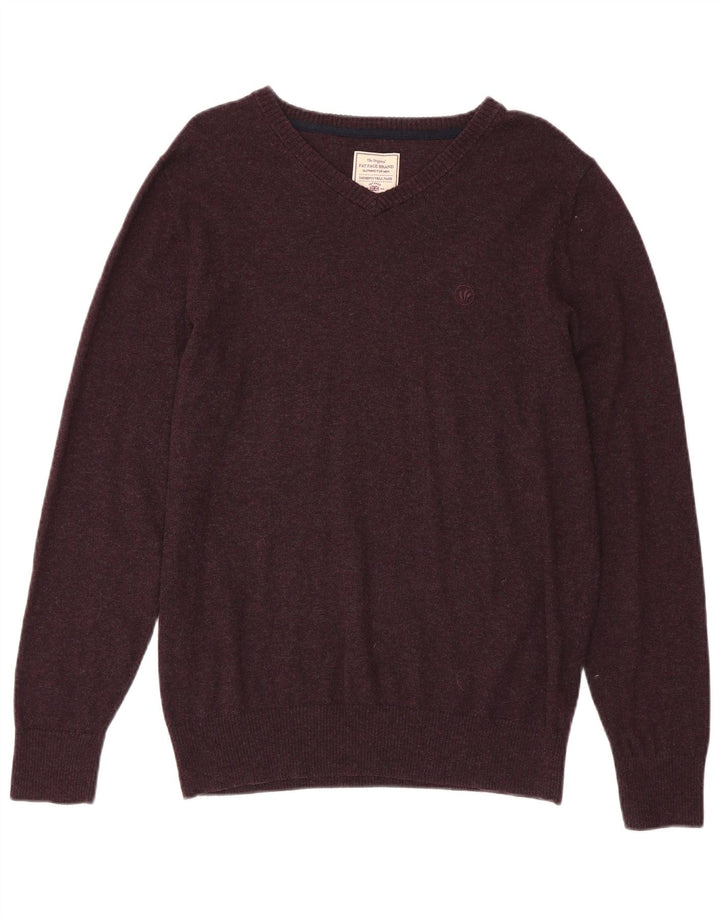 FAT FACE Mens V-Neck Jumper Sweater Large Burgundy Cotton
