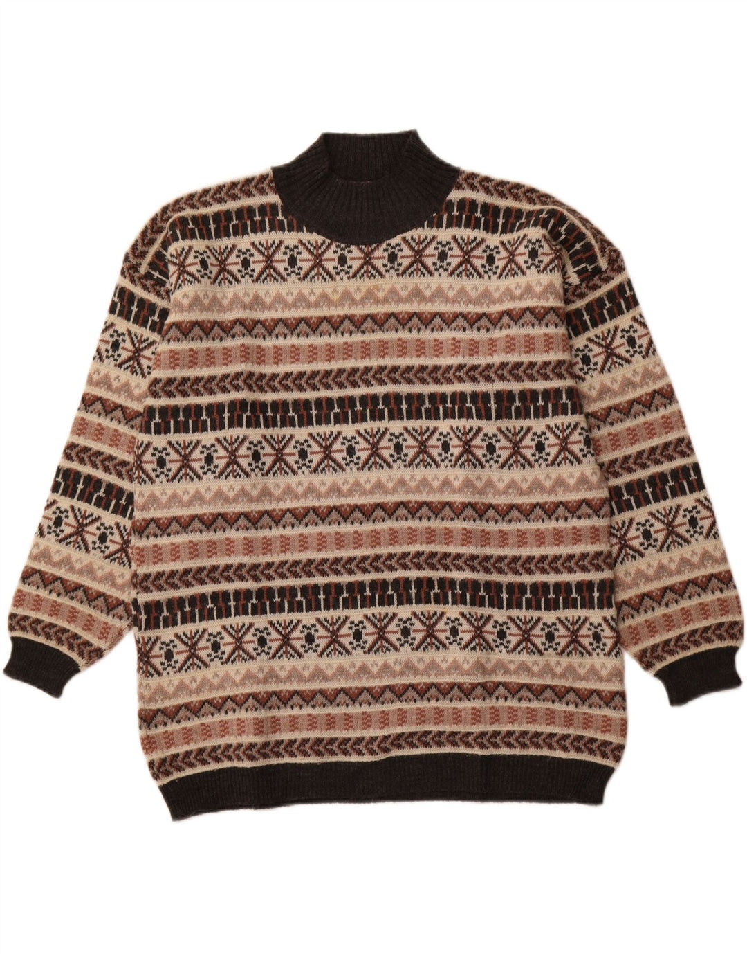 Vintage Mens Turtle Neck Jumper Sweater Medium Beige Fair Isle Wool