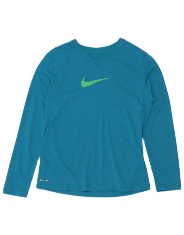 Nike Girls Dri Fit Top Long Sleeve 11-12 Years Large Blue Polyester