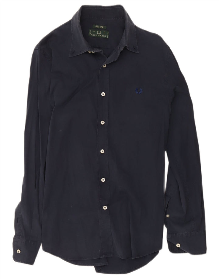 Fred Perry Mens Slim Fit Shirt Large Navy Blue Cotton