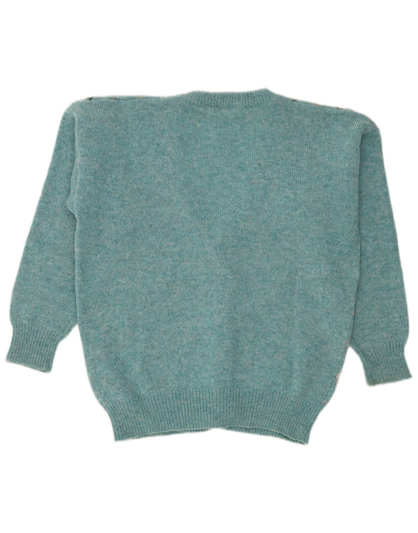 Cacharel Mens Cardigan Sweater Medium Turquoise Argyle/Diamond Wool