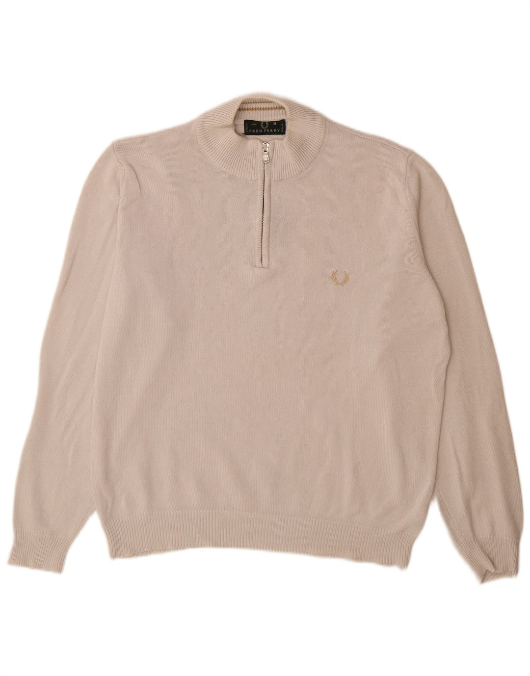 Fred Perry Mens Zip Neck Jumper Sweater Medium Beige Cotton