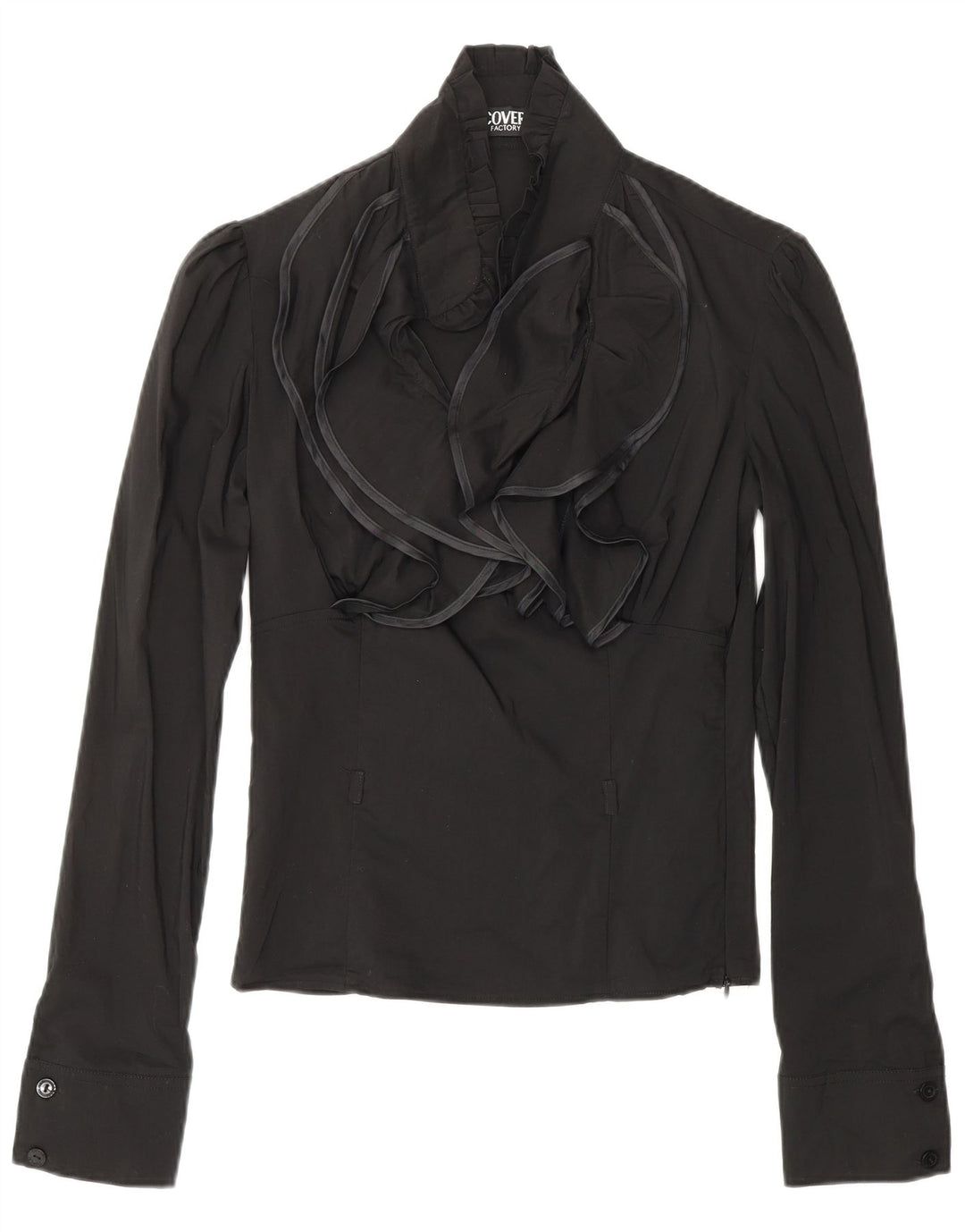 COVERI Womens Ruffle Front Long Sleeve Blouse Top UK 10 Small Black Nylon